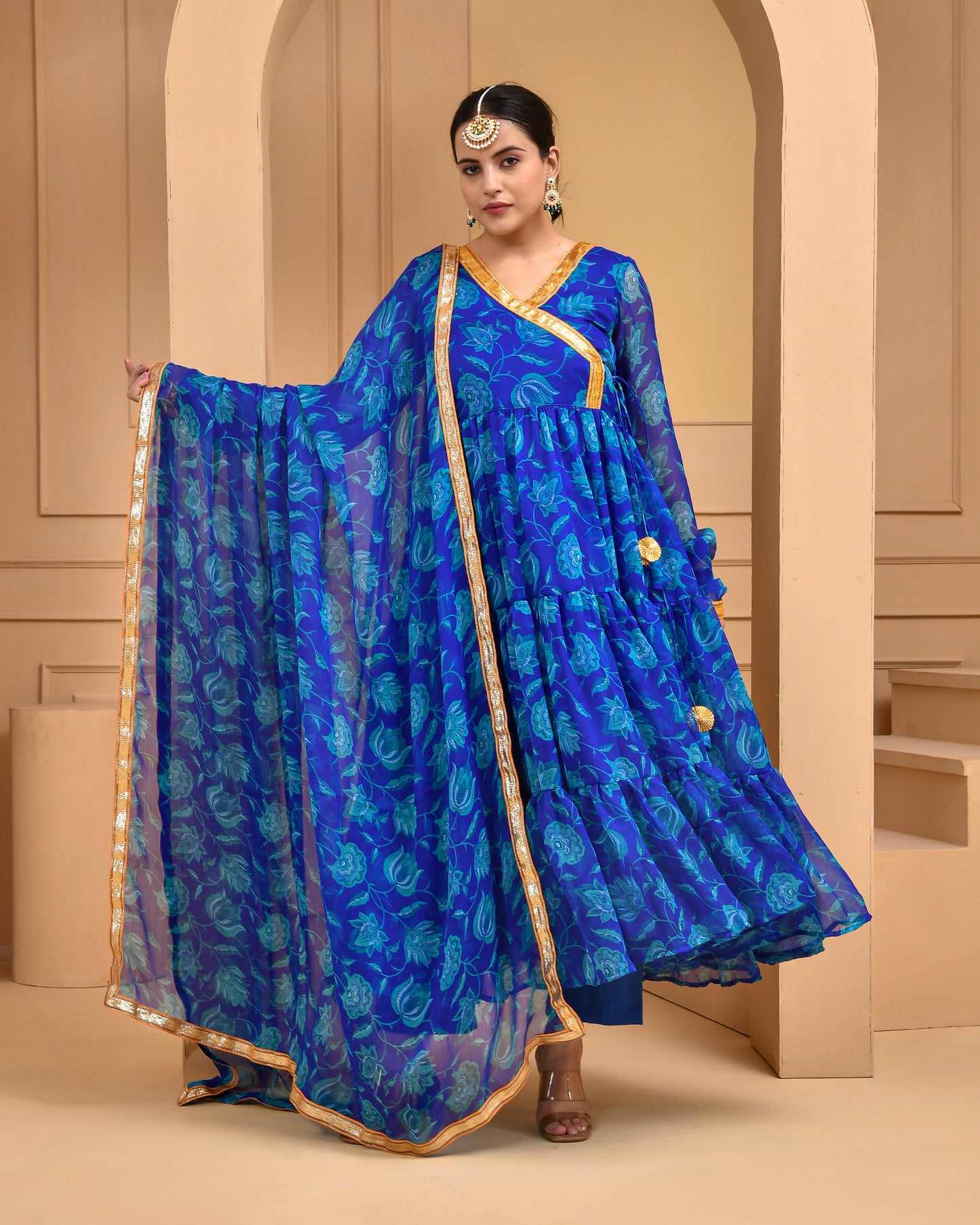 Blue Printed Chiffon Designer Anarkali  Set