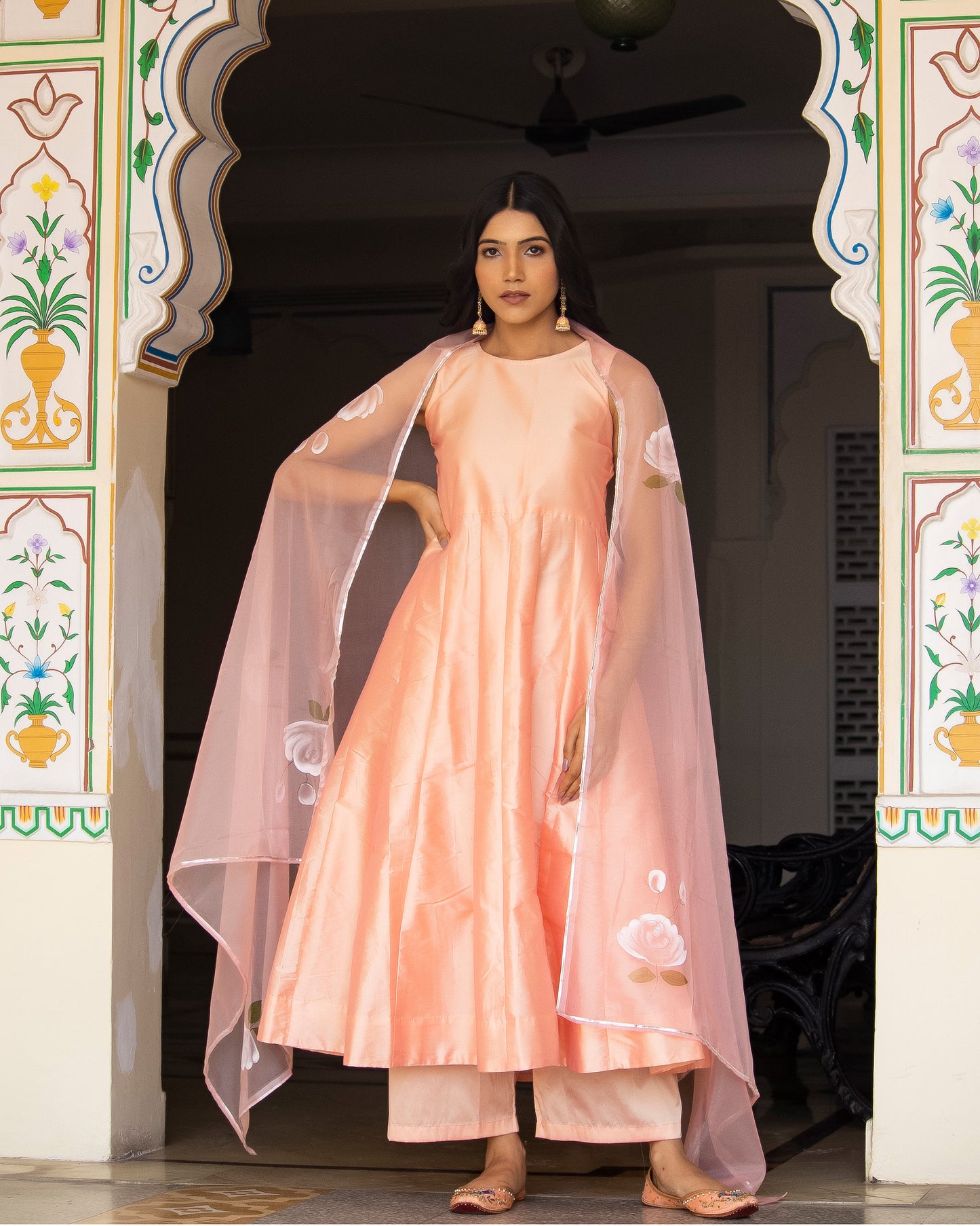 Gazal Peach Taffeta Silk Hand Painted Suit Set