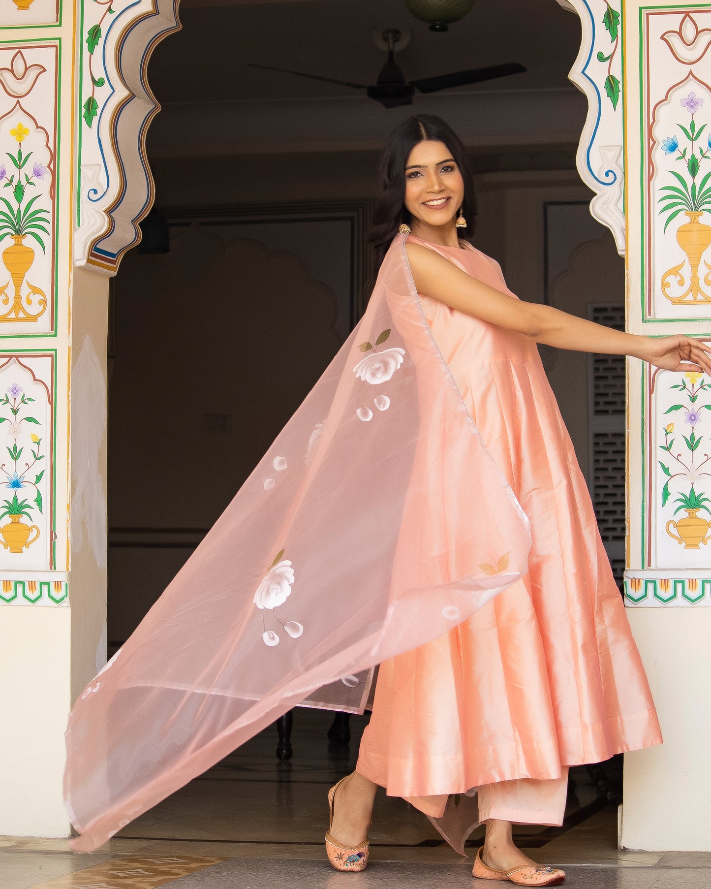 Gazal Peach Taffeta Silk Hand Painted Suit Set