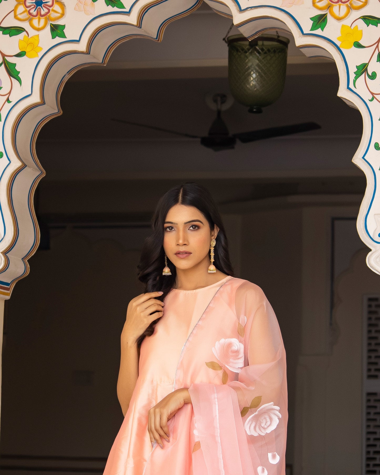 Gazal Peach Taffeta Silk Hand Painted Suit Set