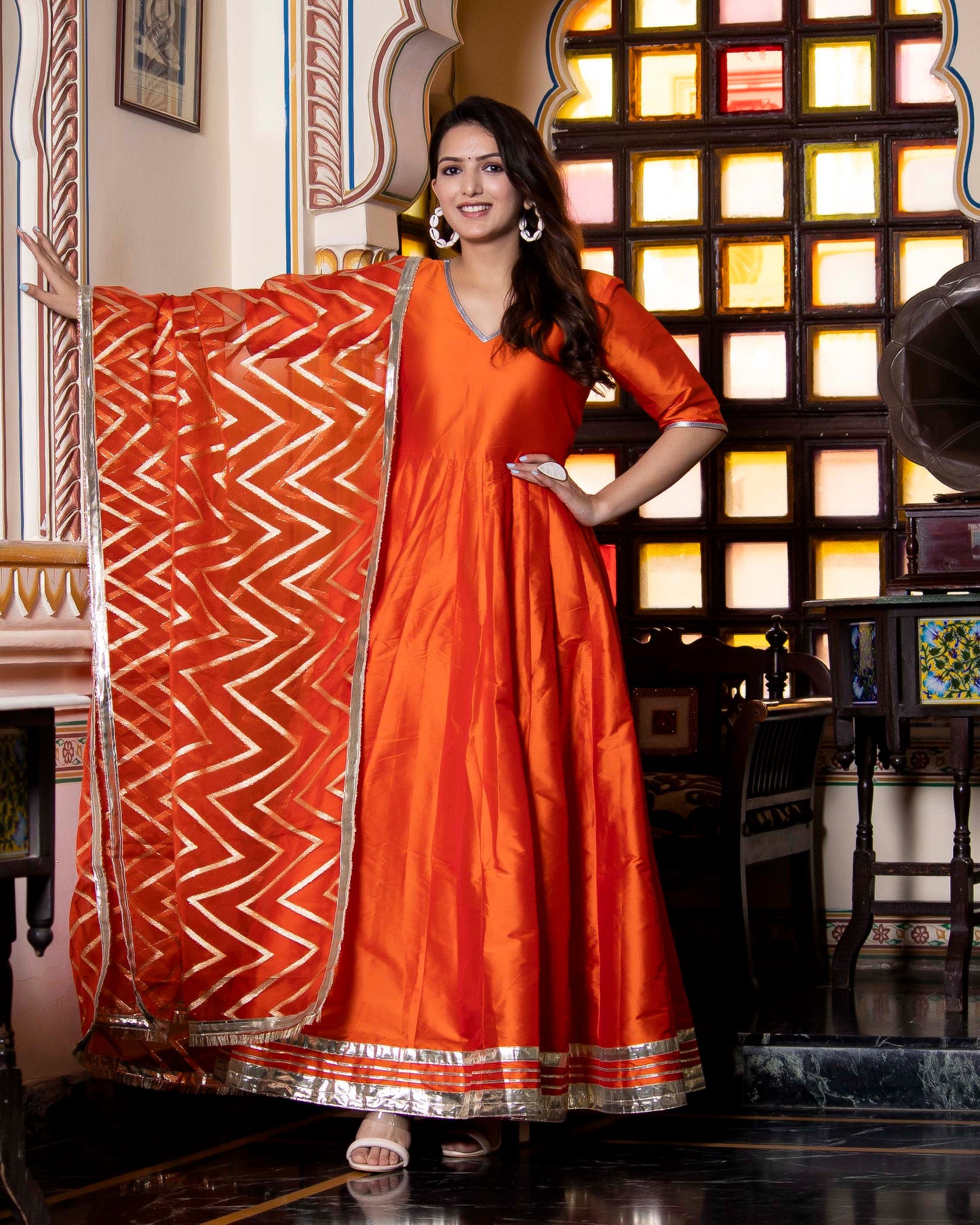 Genda Phool Orange Haldi Anarkali Set