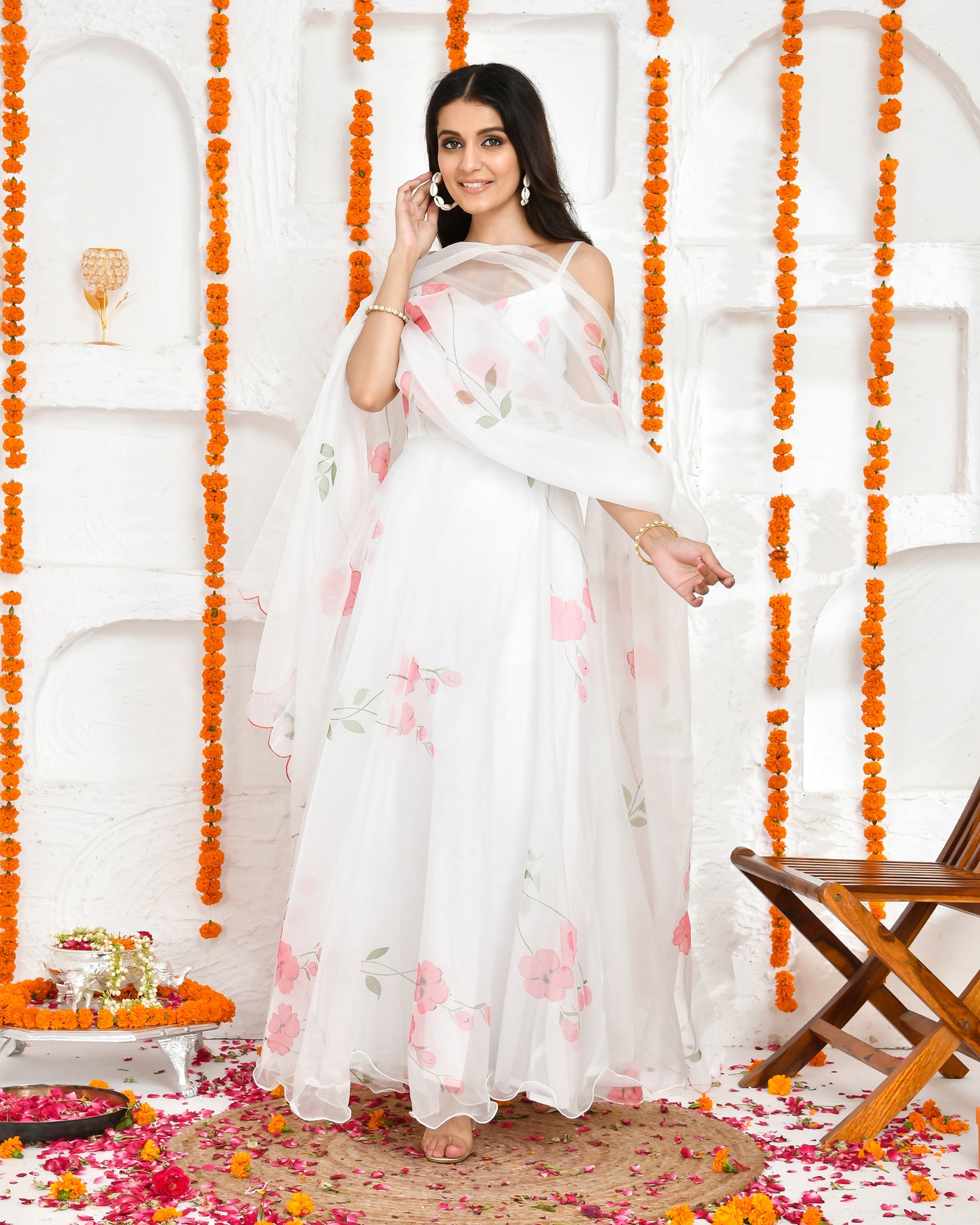 Samvit Organza Hand Painted White Anarkali & Dupatta Set