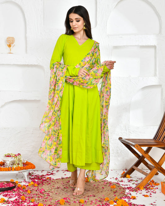 Nivritti Green Cotton Festive Anarkali Set