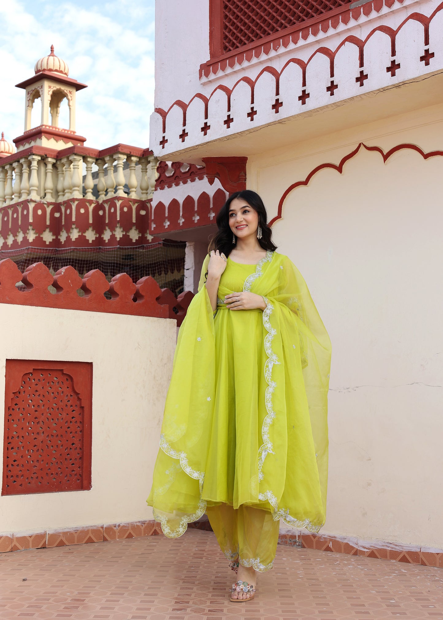 Green Organza Aari Embroidered Anarkali Set