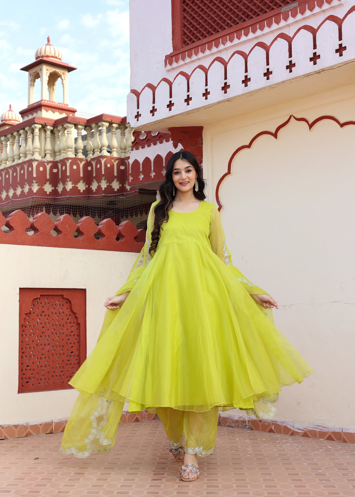 Green Organza Aari Embroidered Anarkali Set