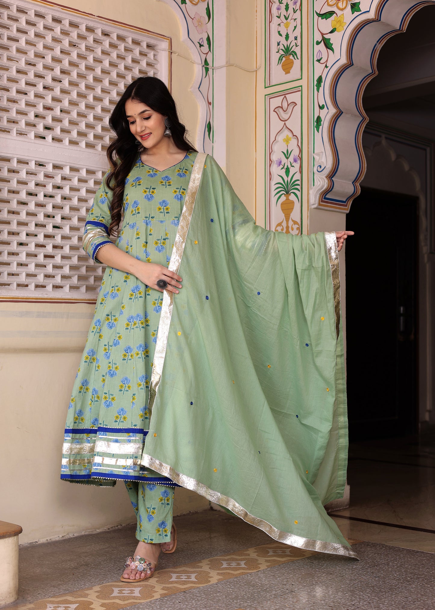 Guldasta Cotton Green Anarkali Set