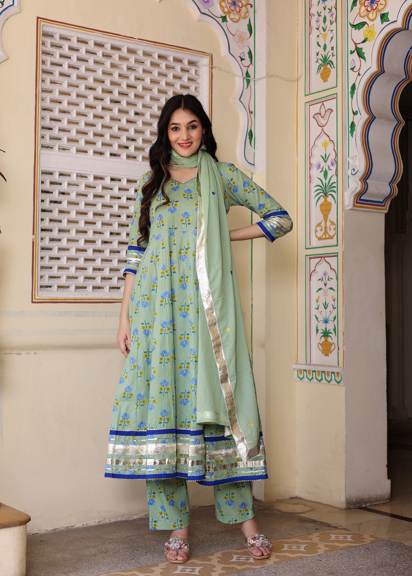 Guldasta Cotton Green Anarkali Set