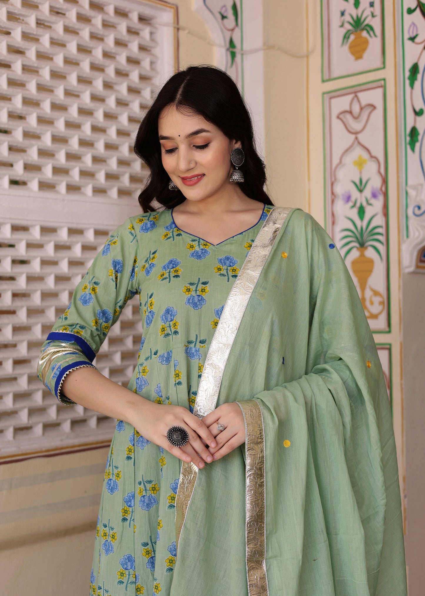 Guldasta Cotton Green Anarkali Set