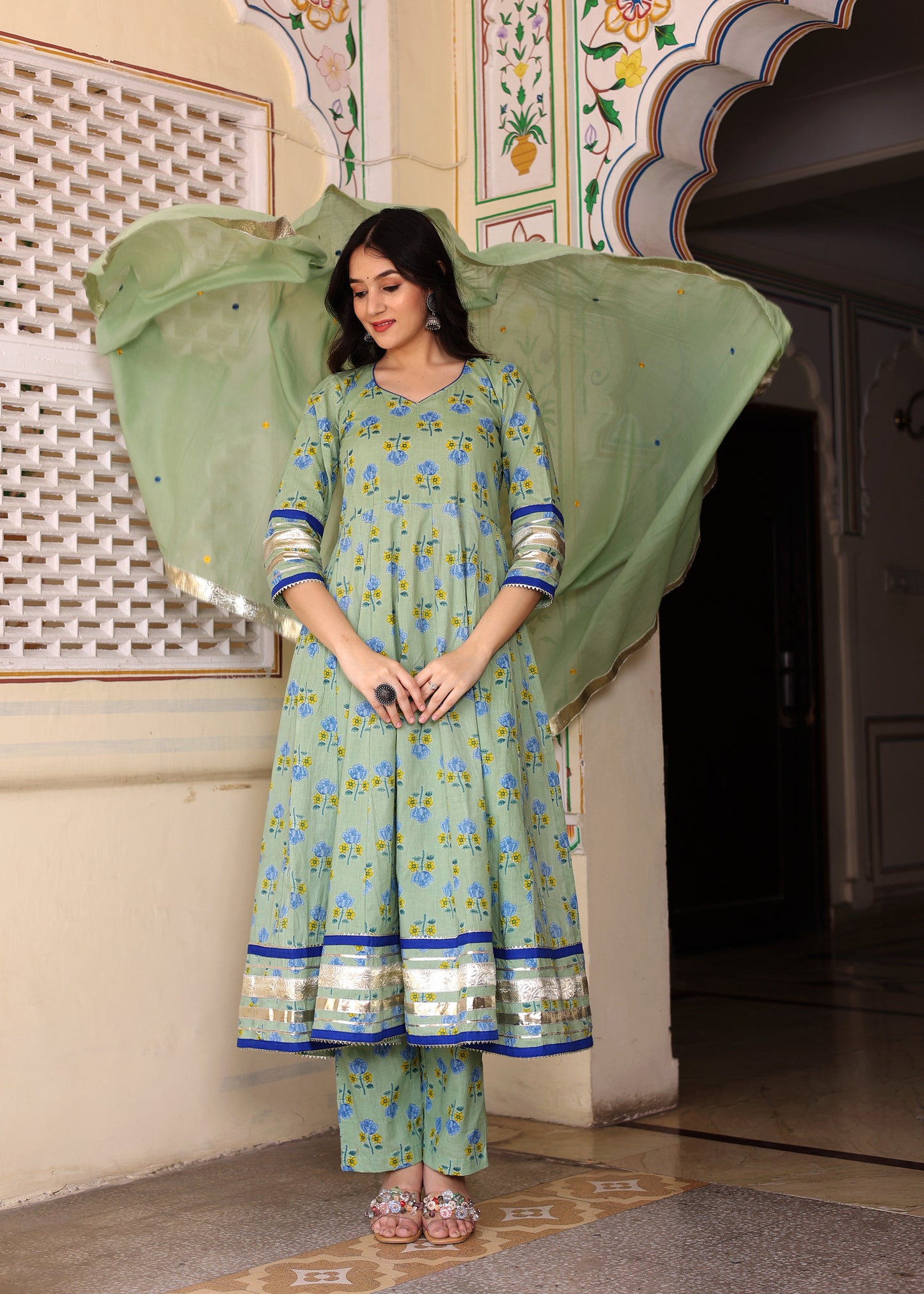 Guldasta Cotton Green Anarkali Set