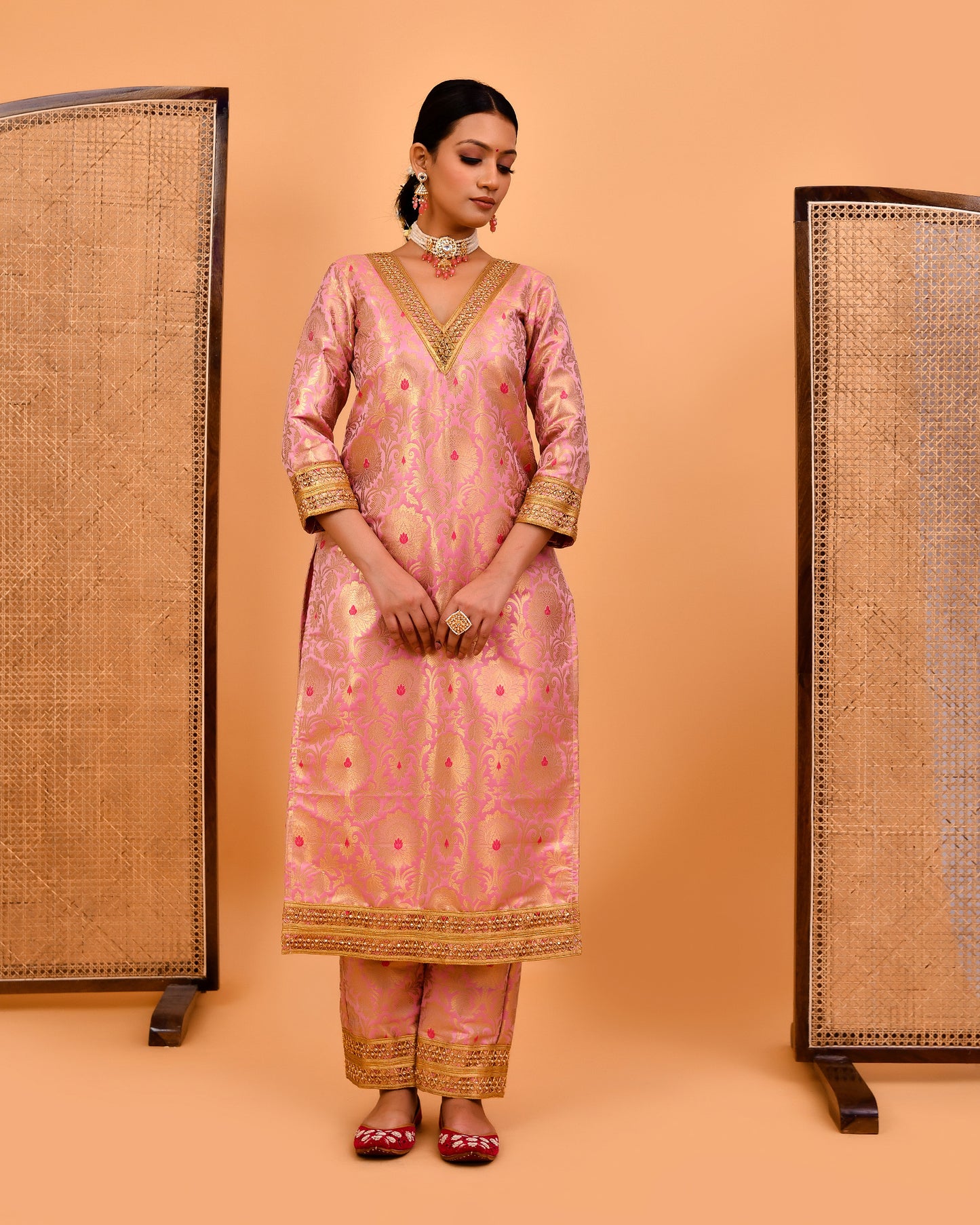 Mrigni Banarasi Brocade Pink Suit Set