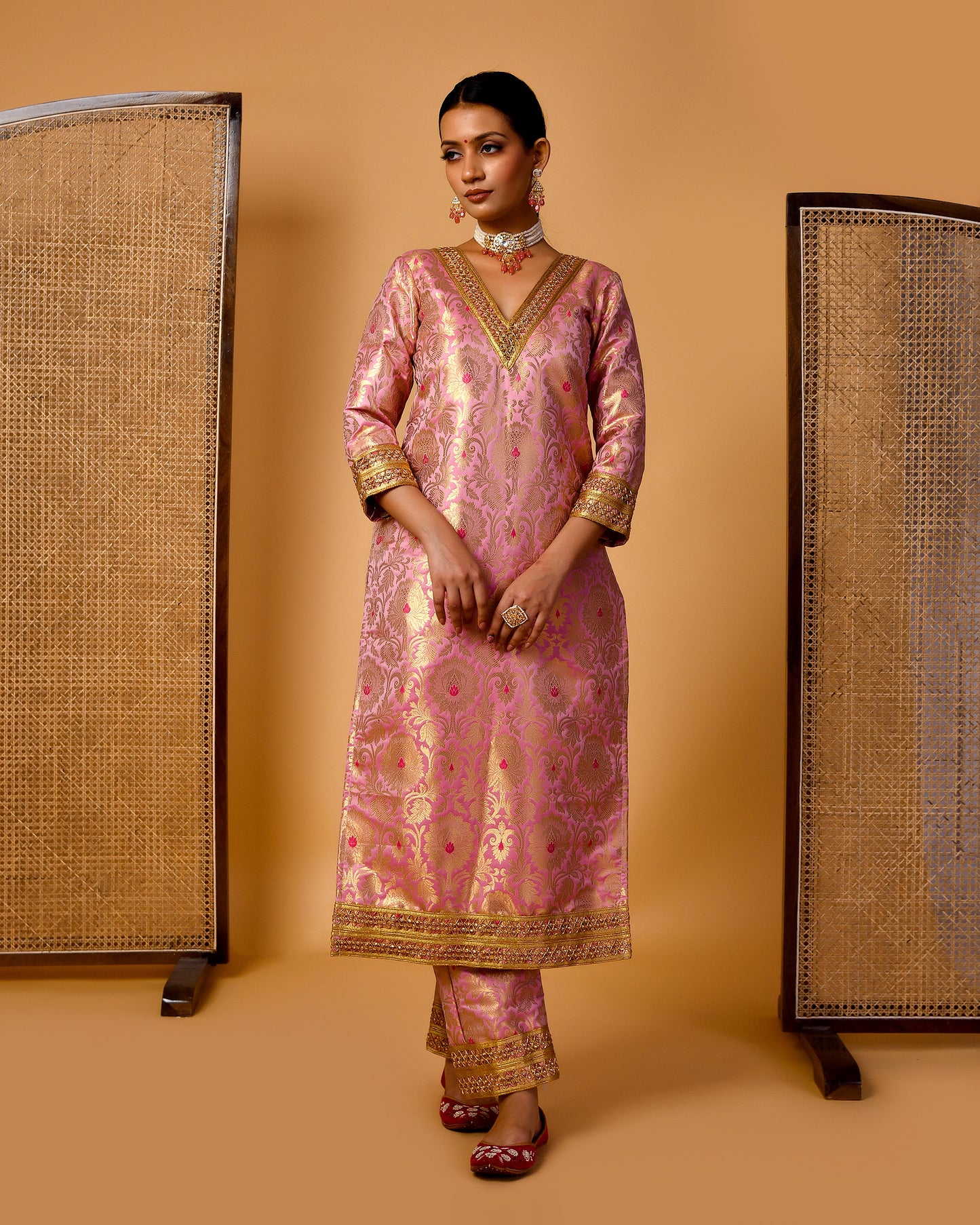 Mrigni Banarasi Brocade Pink Suit Set