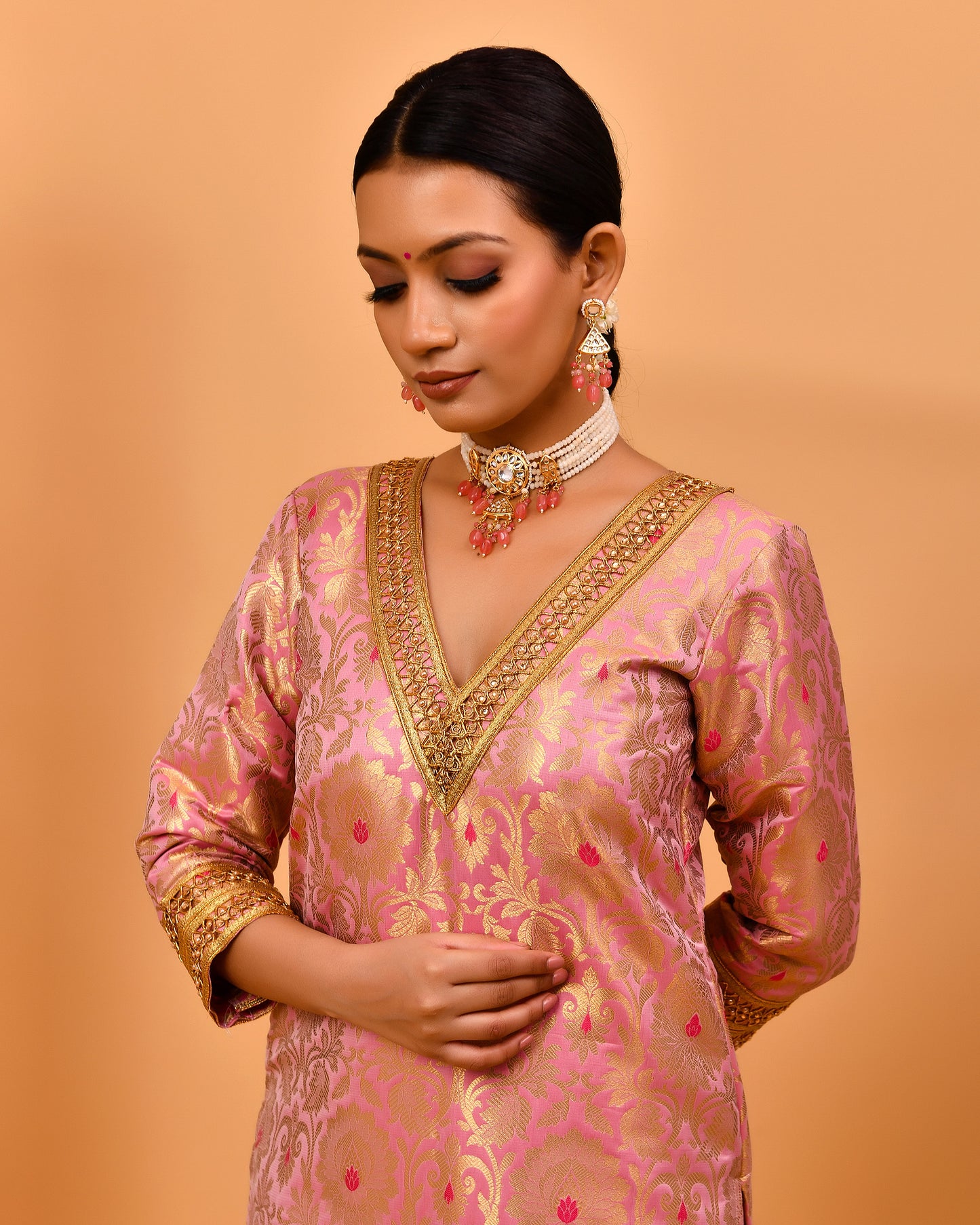 Mrigni Banarasi Brocade Pink Suit Set