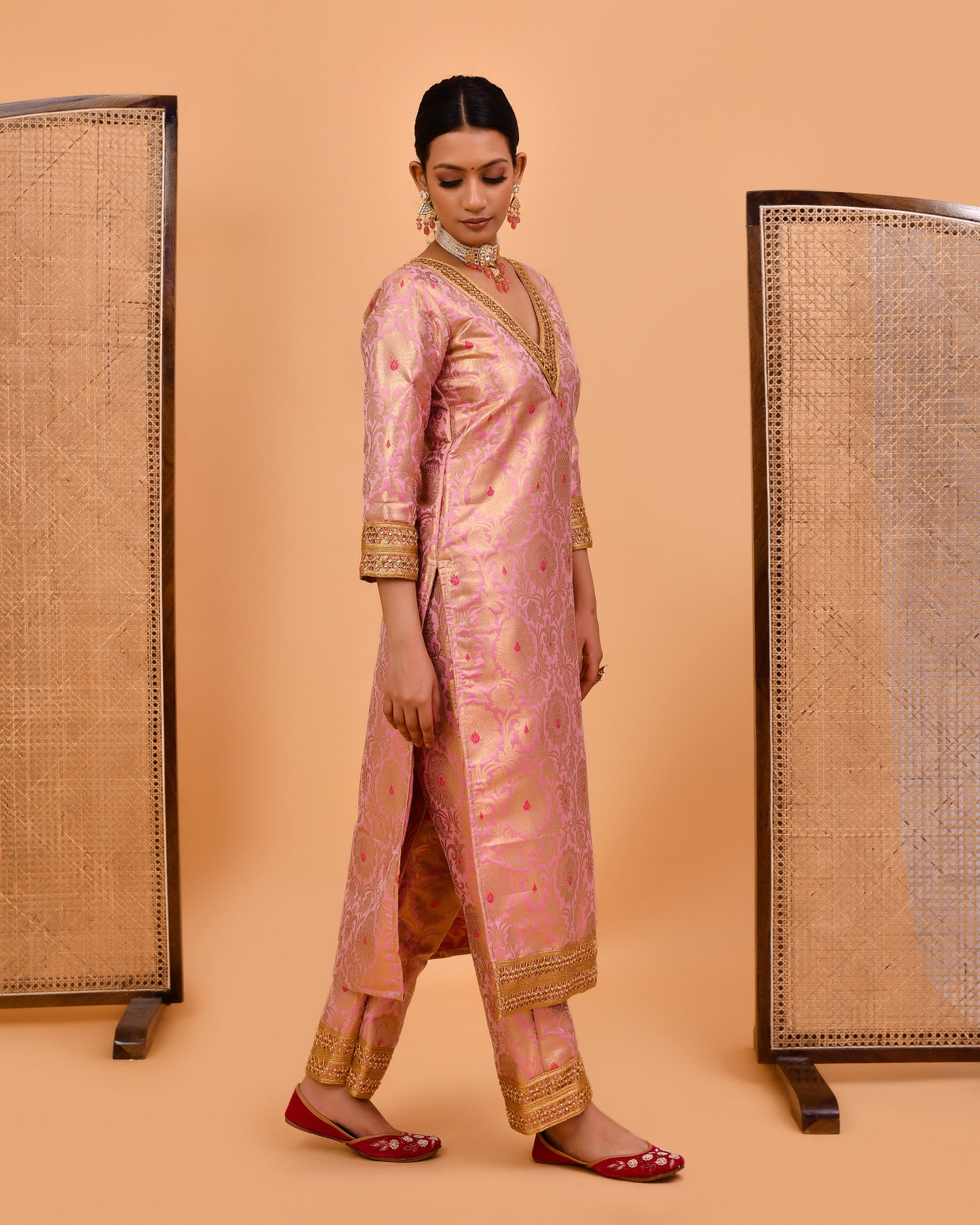 Mrigni Banarasi Brocade Pink Suit Set