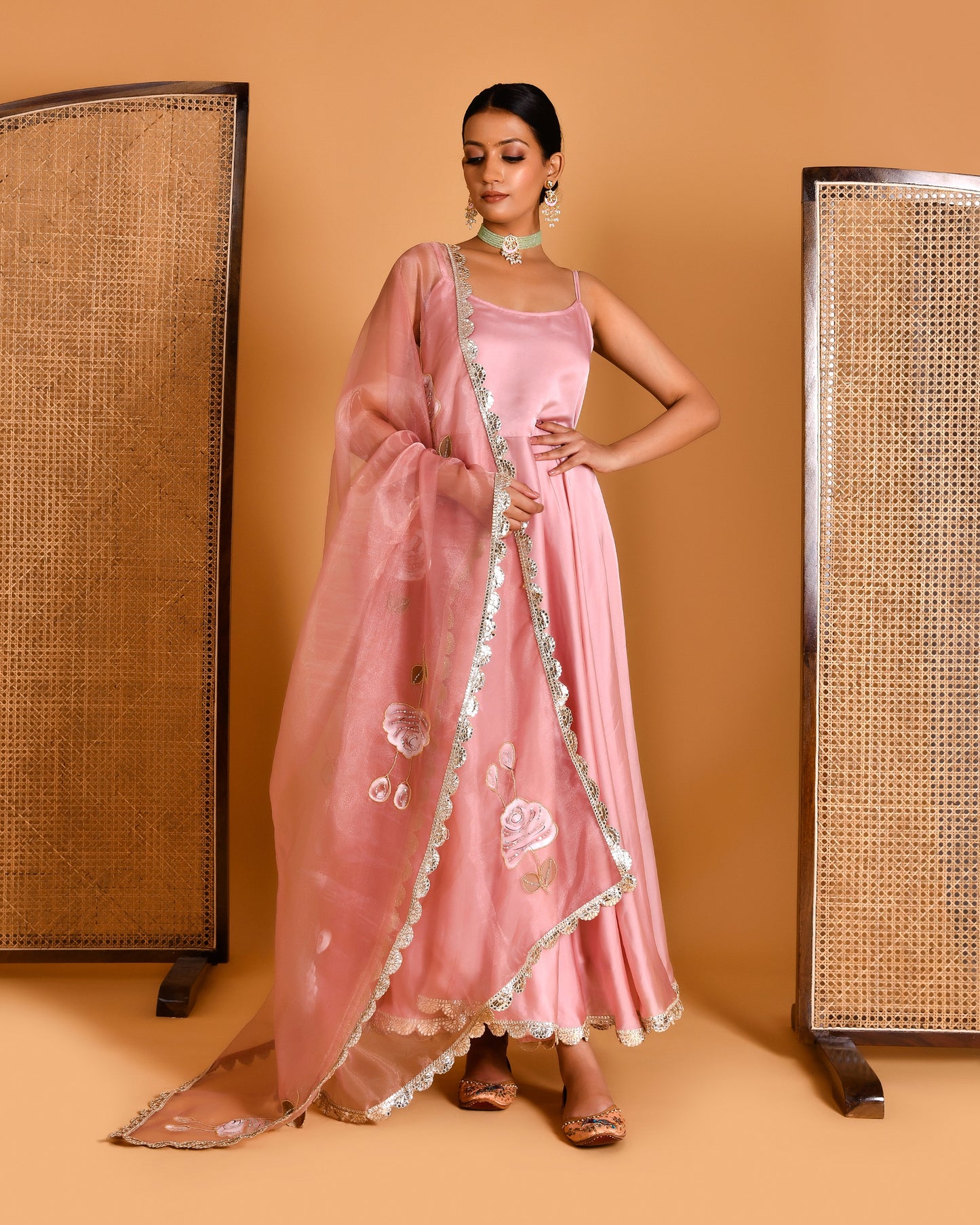 Megha Satin Silk Rose gold Hand Painted Anarkali Set