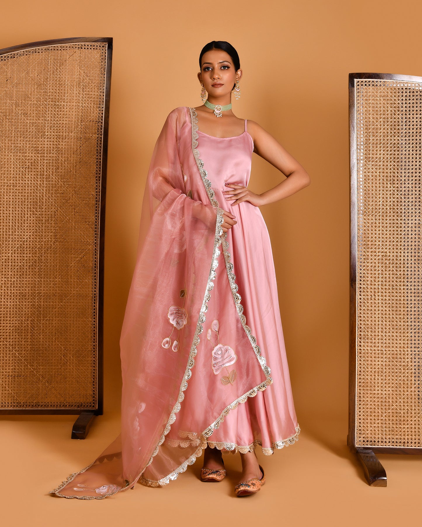 Megha Satin Silk Rose gold Hand Painted Anarkali Set