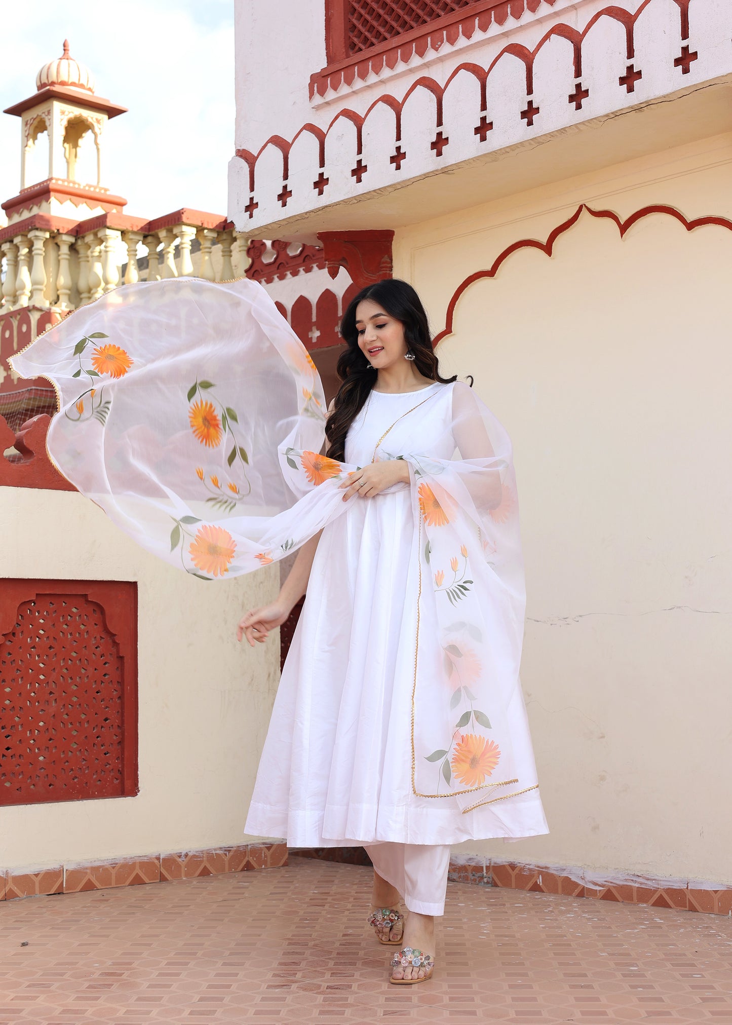 White Hand Painted Designer Anarkali Set