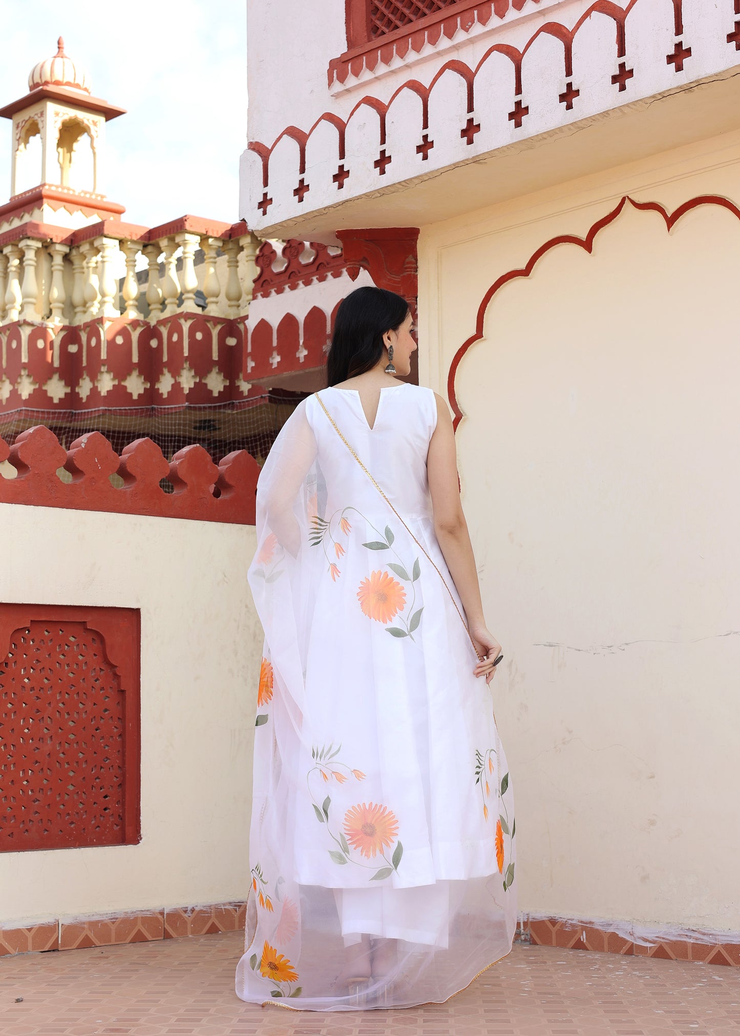 White Hand Painted Designer Anarkali Set