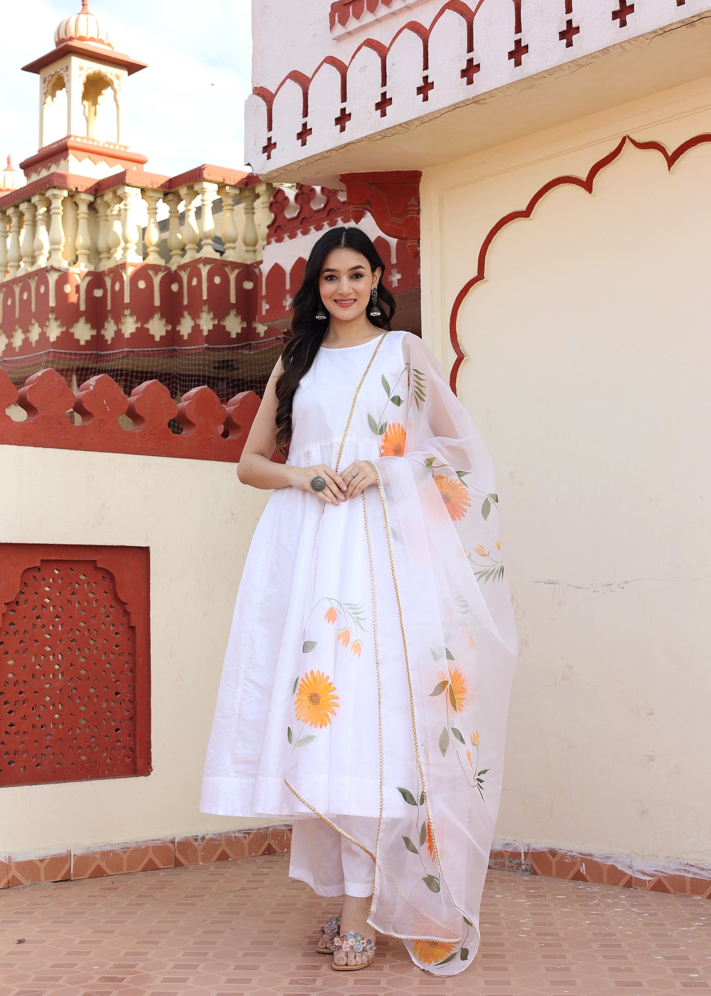 White Hand Painted Designer Anarkali Set