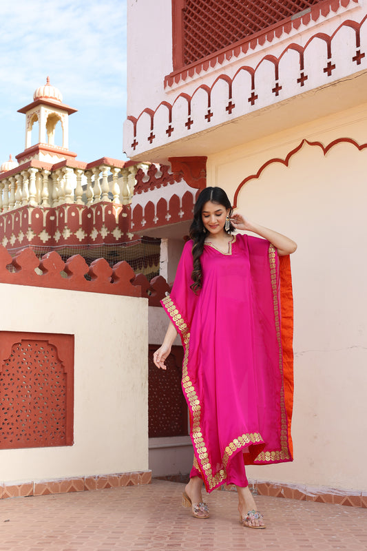 Hot Pink Satin Silk Gota Kaftan Set