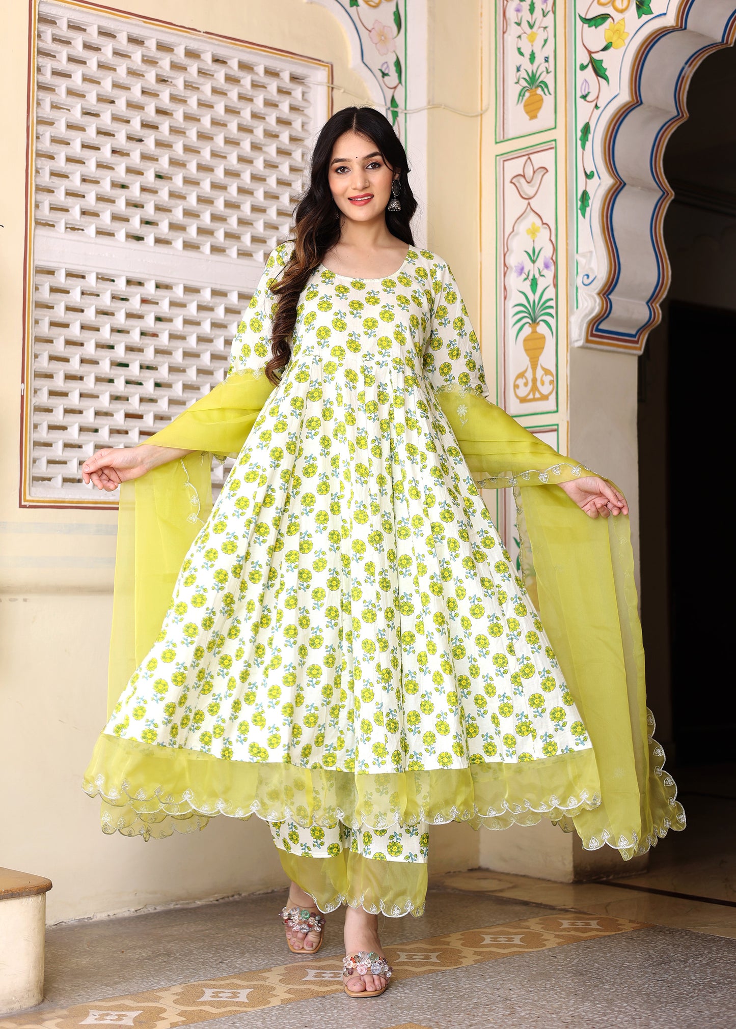 Ivory Cotton Handblock Printed anarkali set