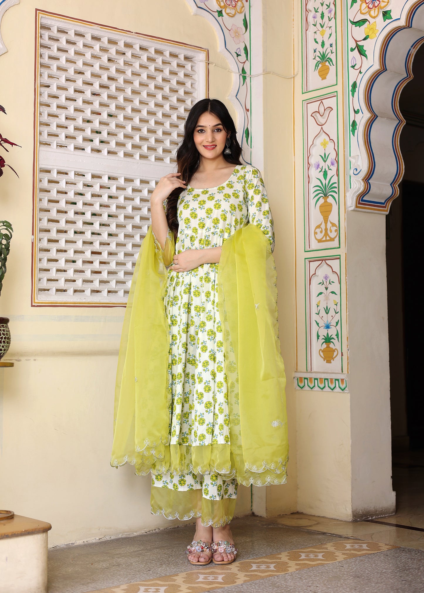 Ivory Cotton Handblock Printed anarkali set