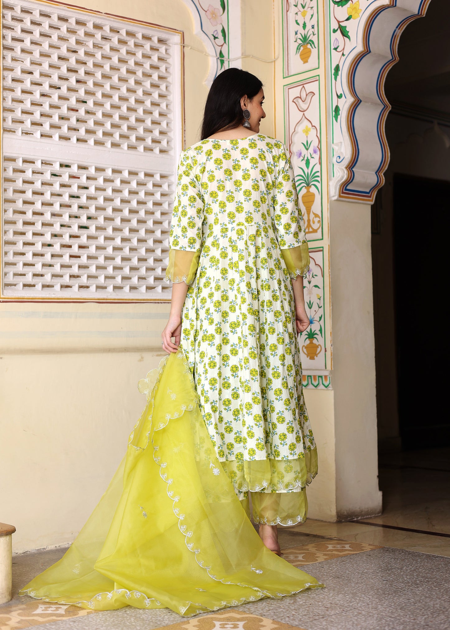 Ivory Cotton Handblock Printed anarkali set