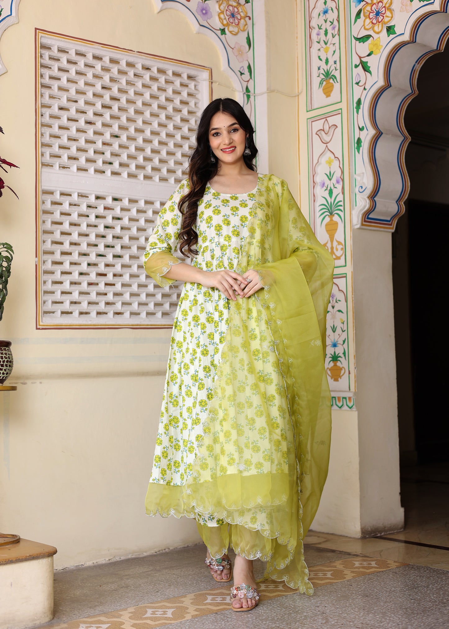 Ivory Cotton Handblock Printed anarkali set