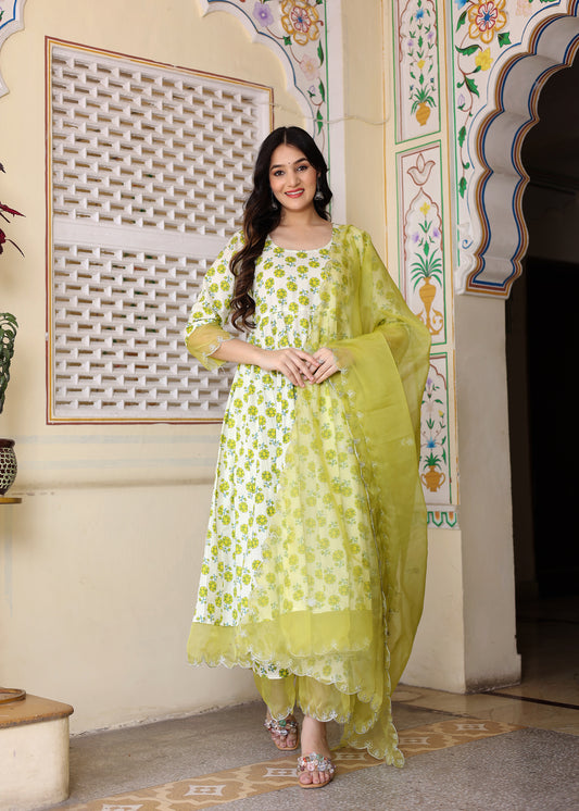 Ivory Cotton Handblock Printed anarkali set