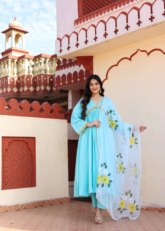 Sky Blue Hand Painted Cotton Anarkali Set