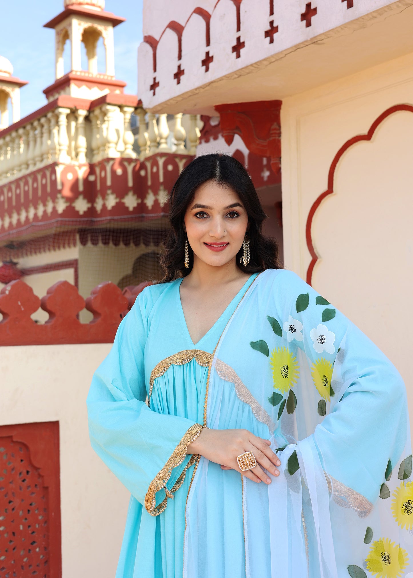 Sky Blue Hand Painted Cotton Anarkali Set