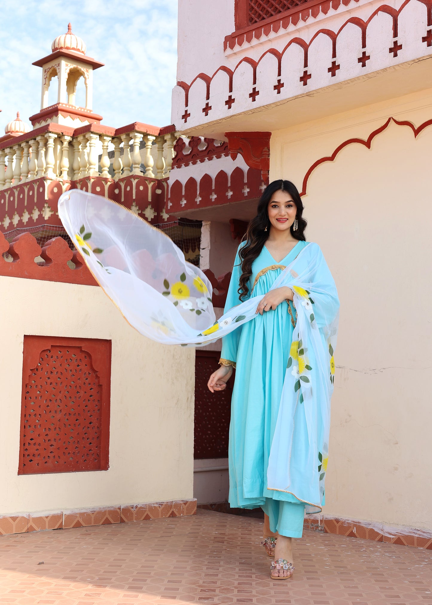 Sky Blue Hand Painted Cotton Anarkali Set