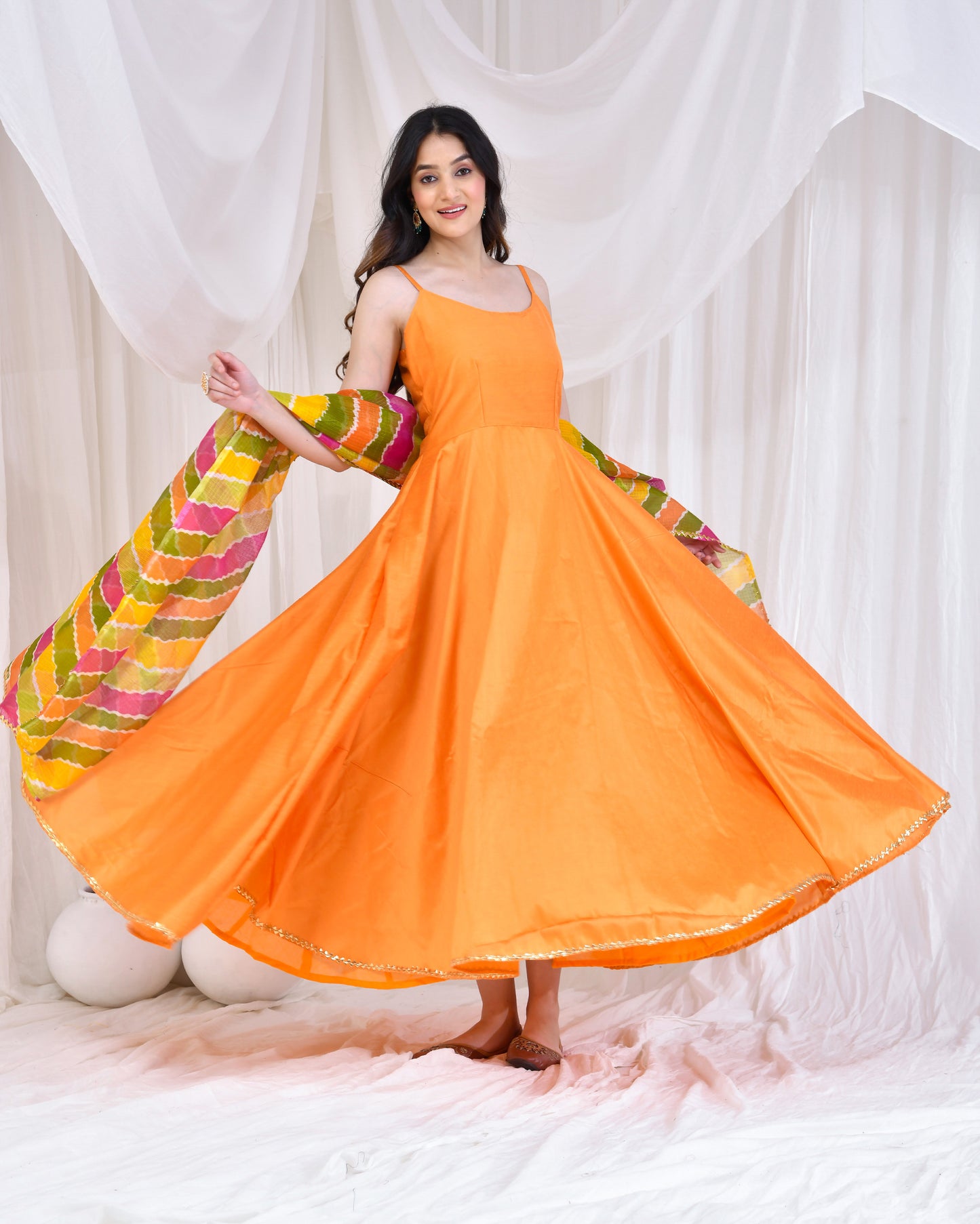 Mustard Lehariya Cotton Silk Anarkali Set