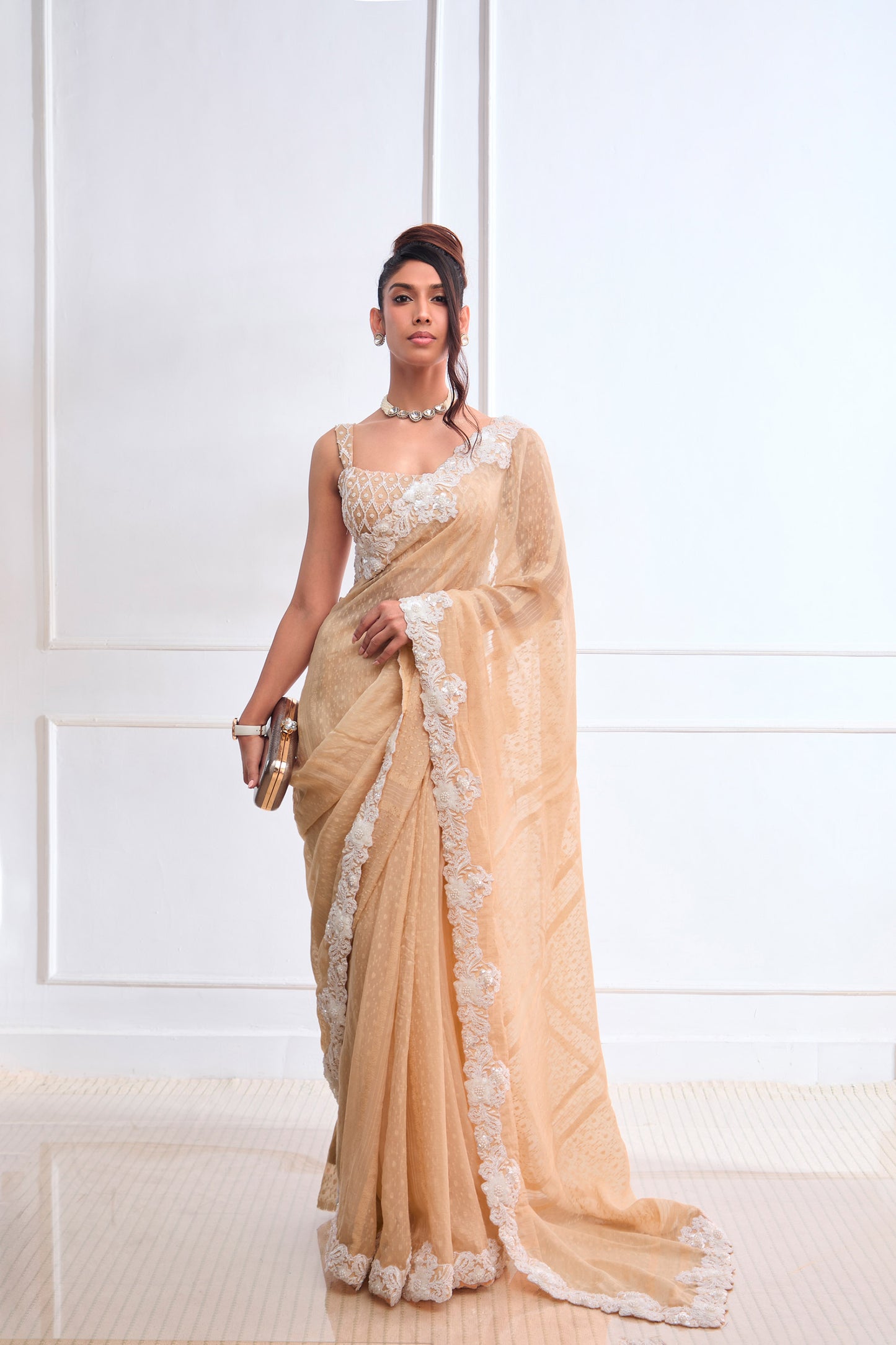 Beige Organza jamdani Saree blouse set