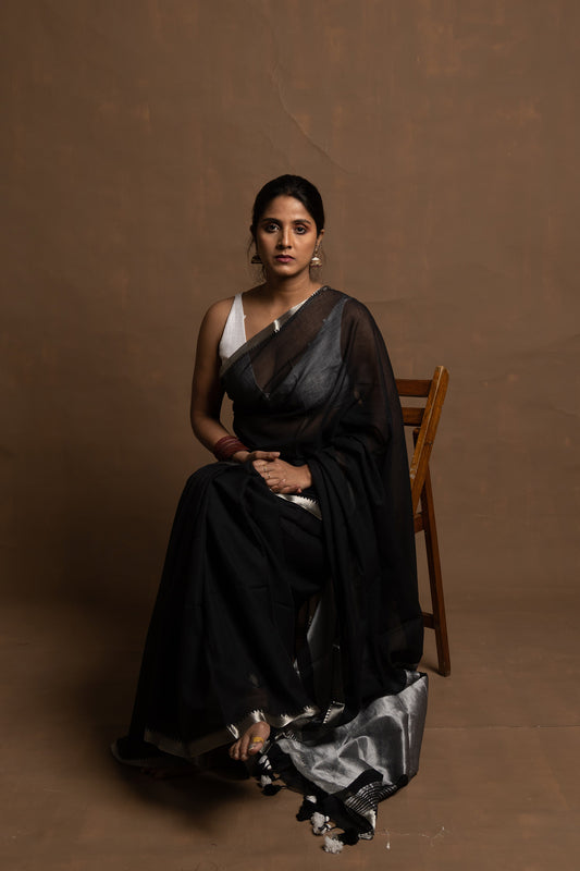 Black beauty I Black handloom cotton saree with silver zari border