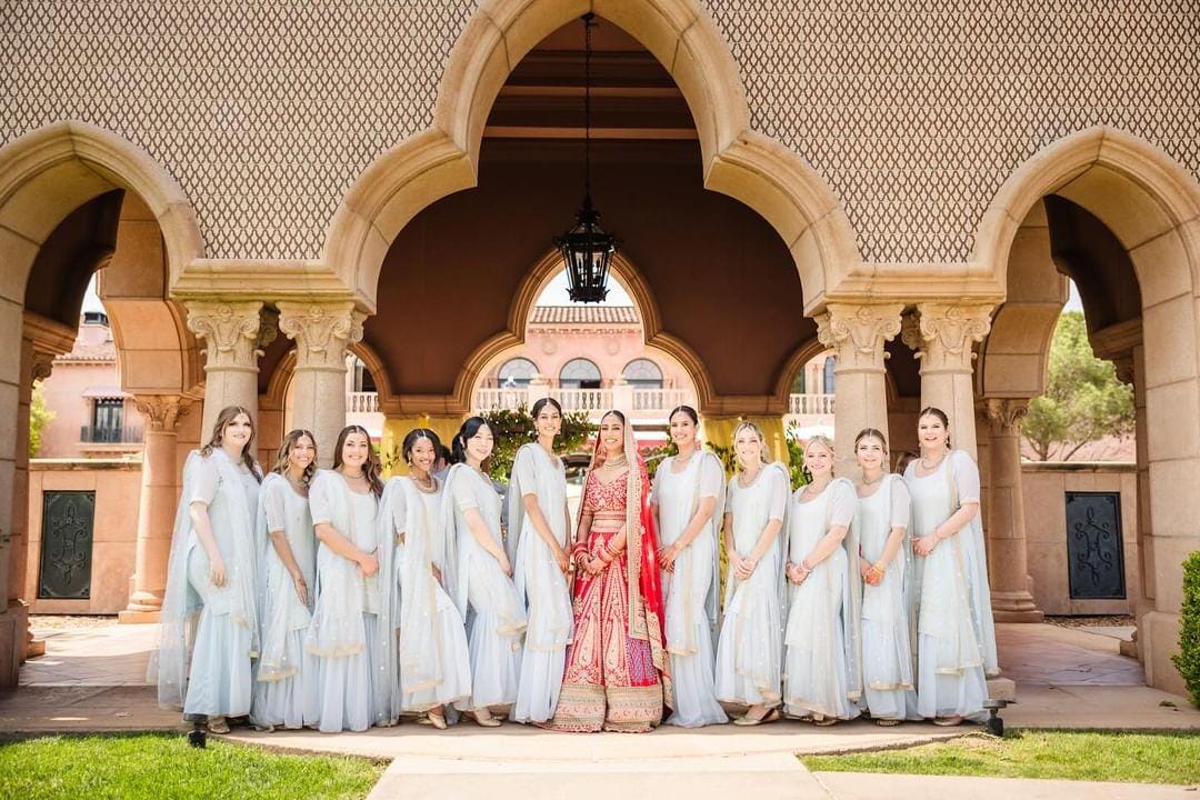 Bridesmaid and Groomsmen Gang in Blue Dresses