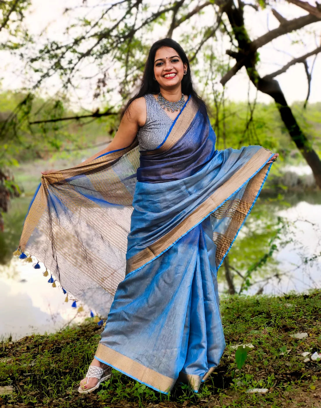 Diya Blue handloom Tissue Linen saree