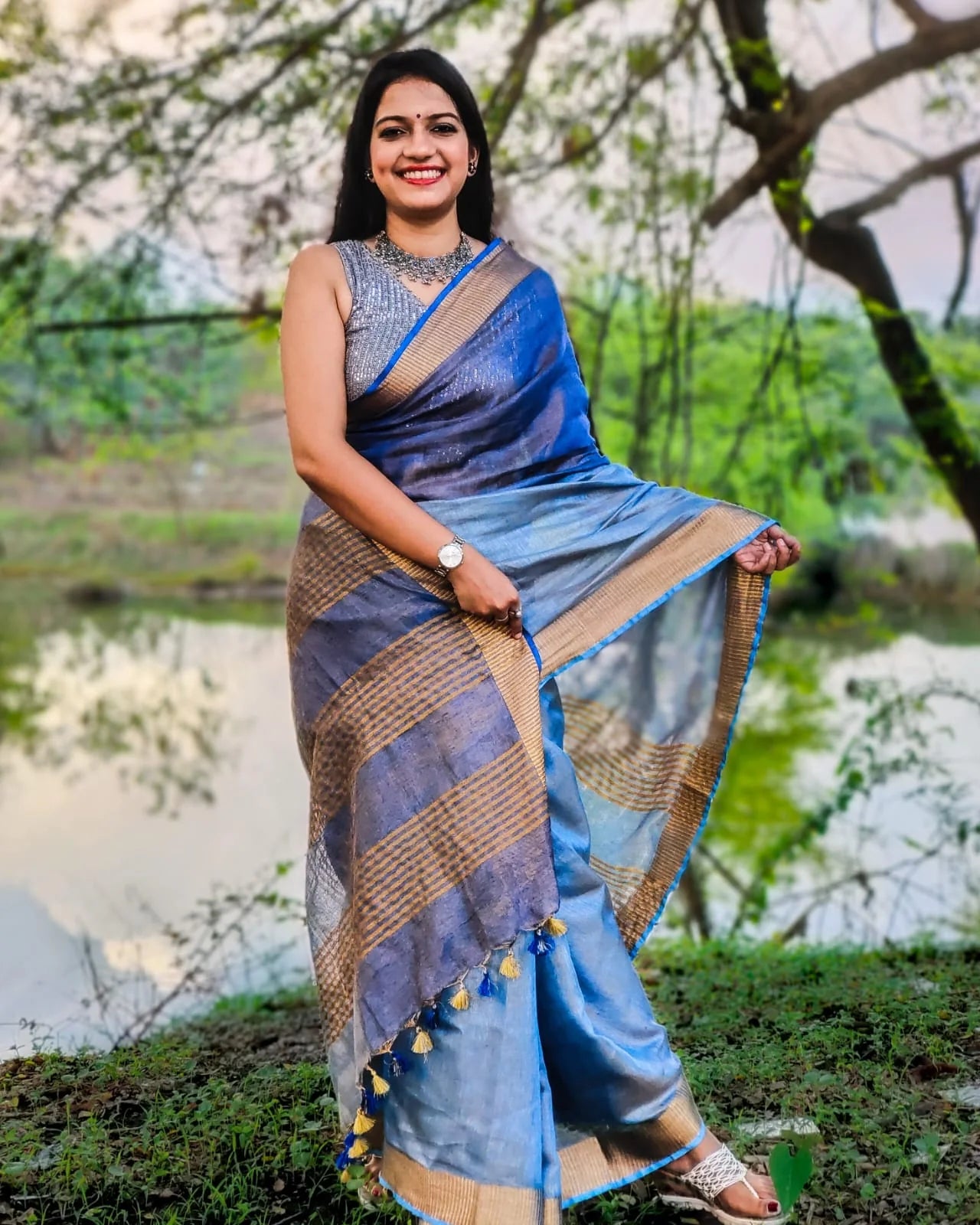 Diya Blue handloom Tissue Linen saree