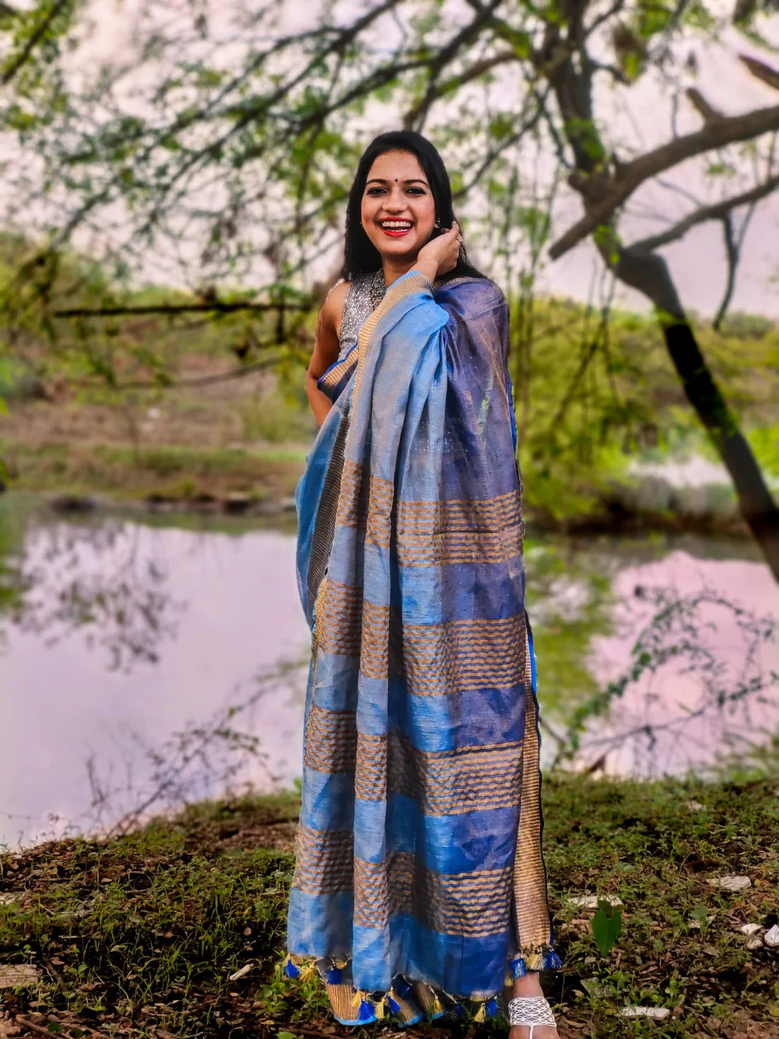 Diya Blue handloom Tissue Linen saree