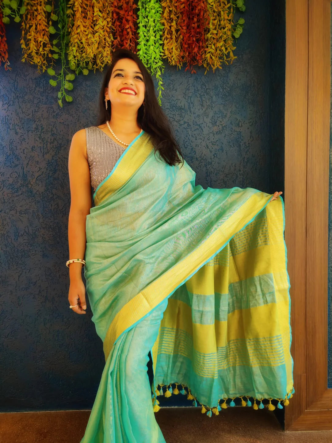 Blue Crystals handloom Tissue Linen saree