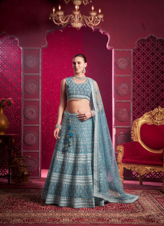 Blue Sequence Embroidery Net Party Wear Lehenga