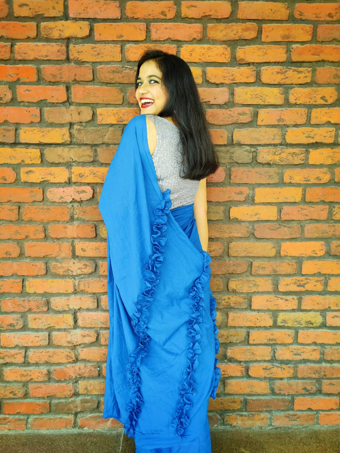 French Blue Mulmul saree