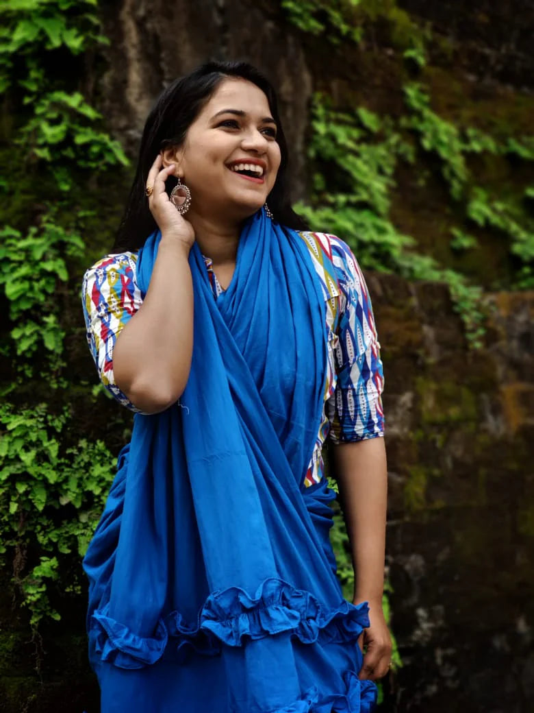 French Blue Mulmul saree