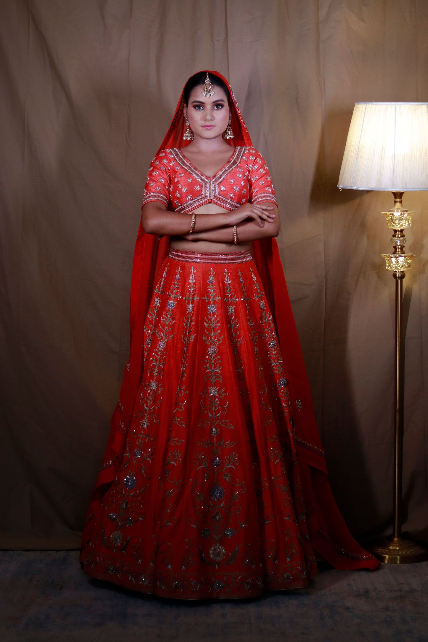 Red & Orange Pure Raw Silk Lehenga for Bride