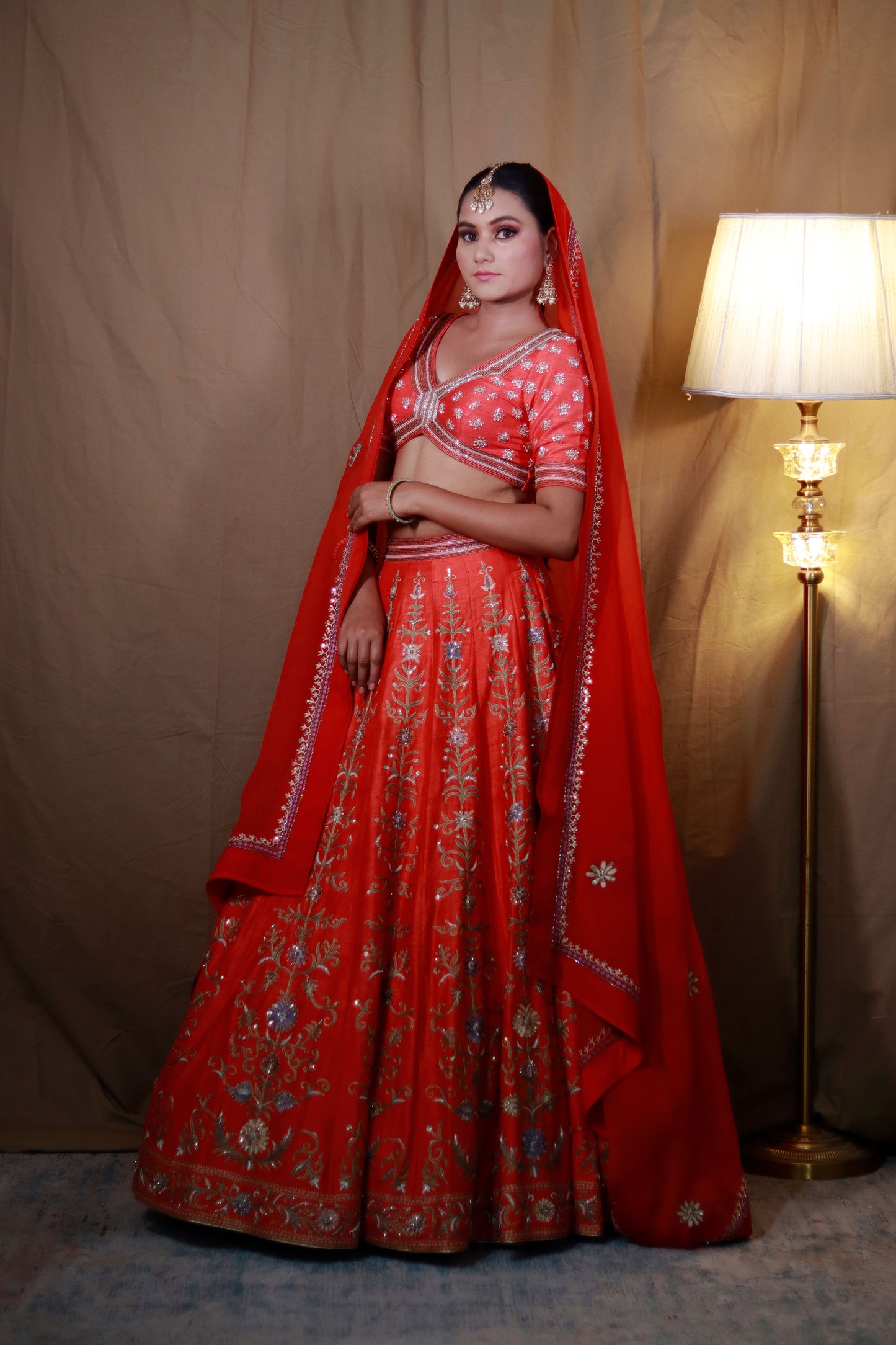 Red & Orange Pure Raw Silk Lehenga for Bride