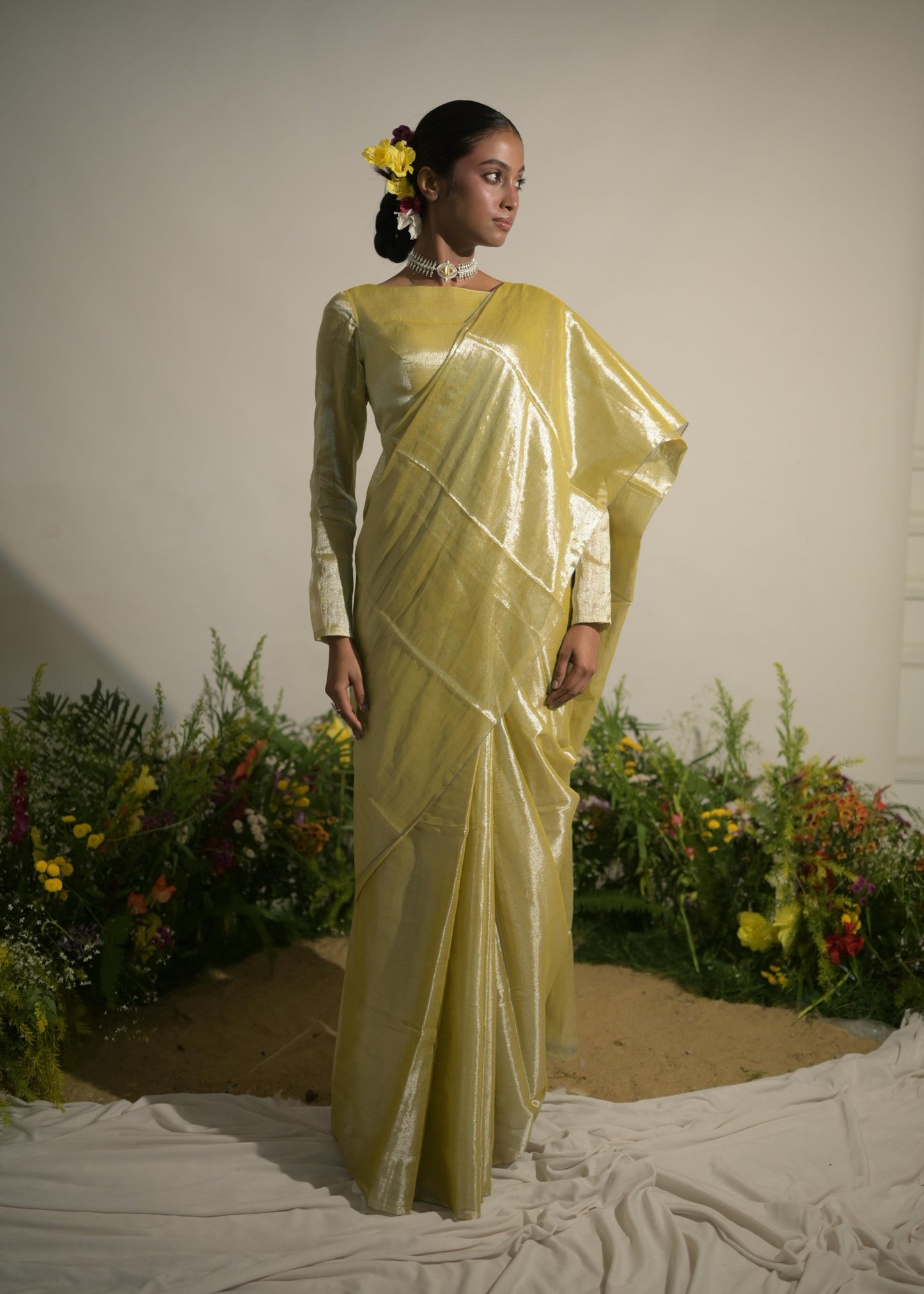 Buttercup Spice I Neon Olive Tissue Saree