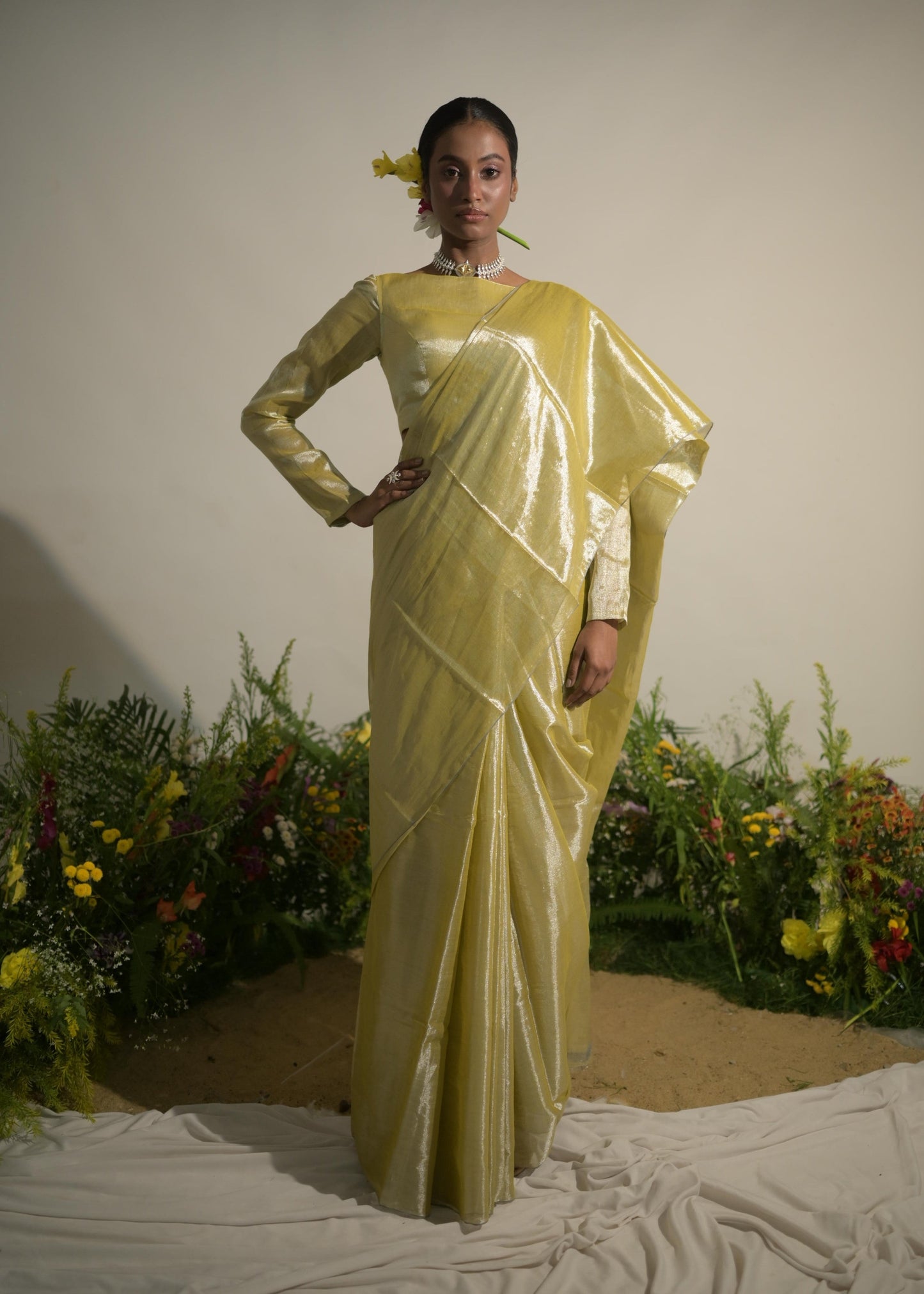 Buttercup Spice I Neon Olive Tissue Saree