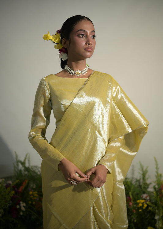 Buttercup Spice I Neon Olive Tissue Saree