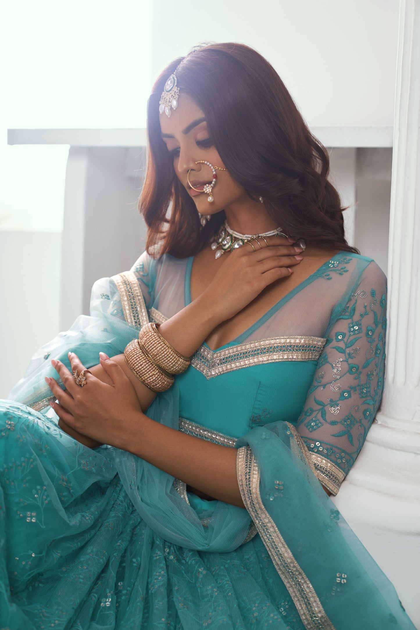 Sea Green Sequins Embroidery Net Bridesmaid Lehenga