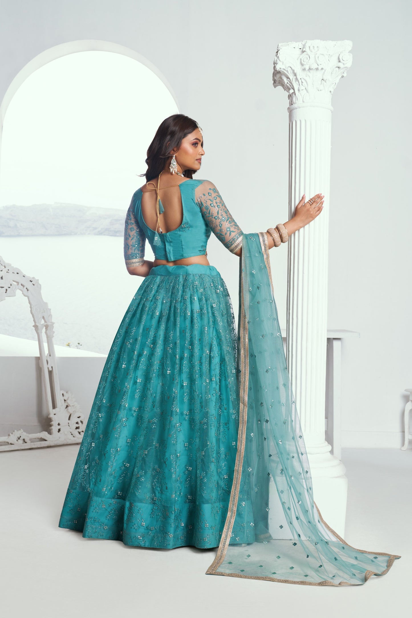 Sea Green Sequins Embroidery Net Bridesmaid Lehenga