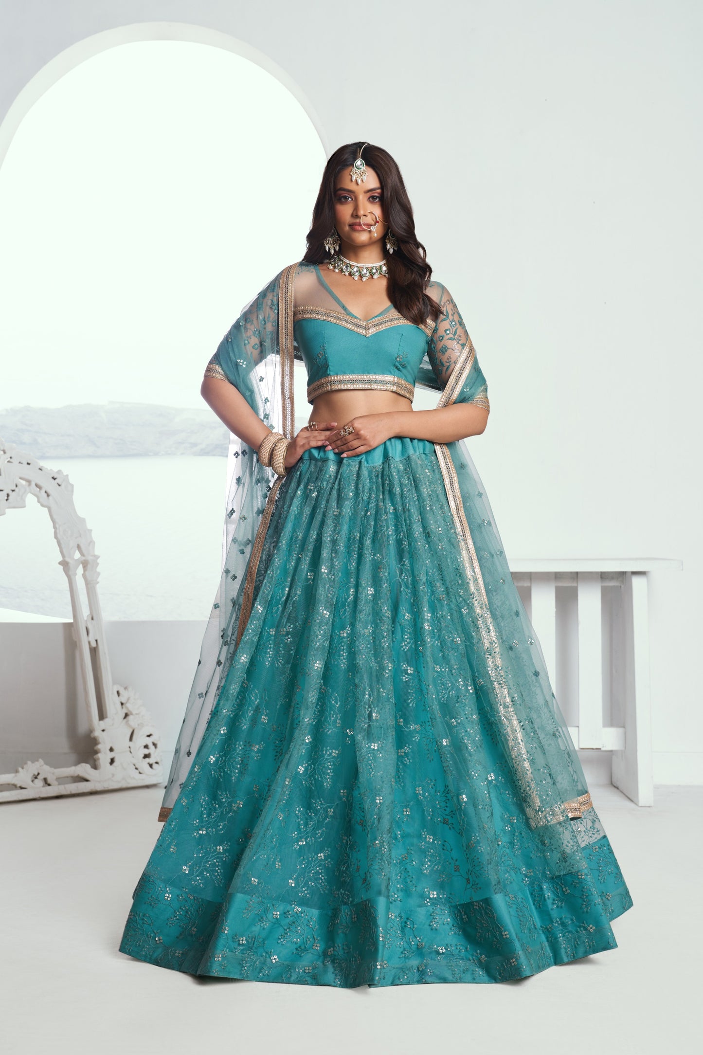 Sea Green Sequins Embroidery Net Bridesmaid Lehenga